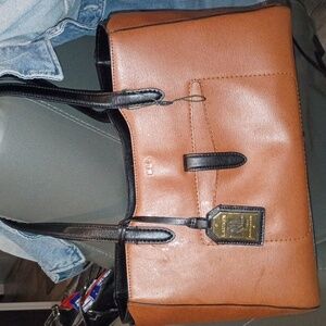 Women's Tan and Black Leather Tote Bag